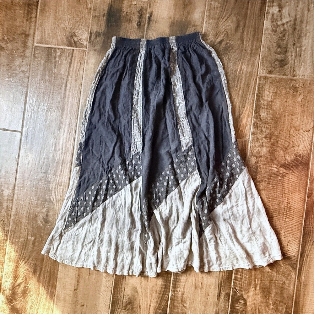 Red's Threads Vintage Women Boho Geo Patchwork Panel Crinkle Maxi Skirt,Gray,S/M